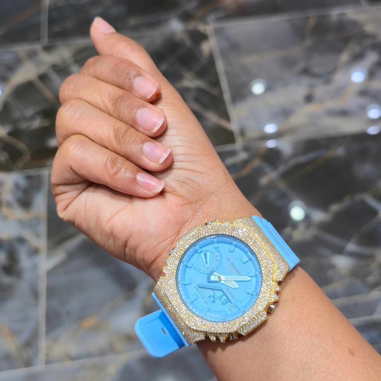 Authentic Casio G-SHOCK GA2100 Custom Iced Out Watch – Yellow Bezel | Blue Band