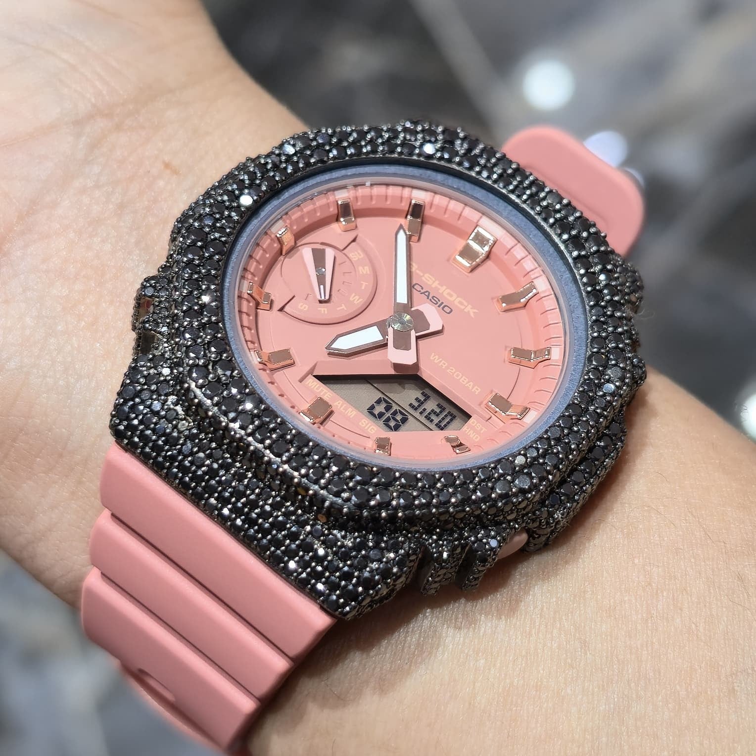 BLACK MOISSANITE Iced Out G-SHOCK GA2100 “Casioak” – PINK Dial | Pink Band