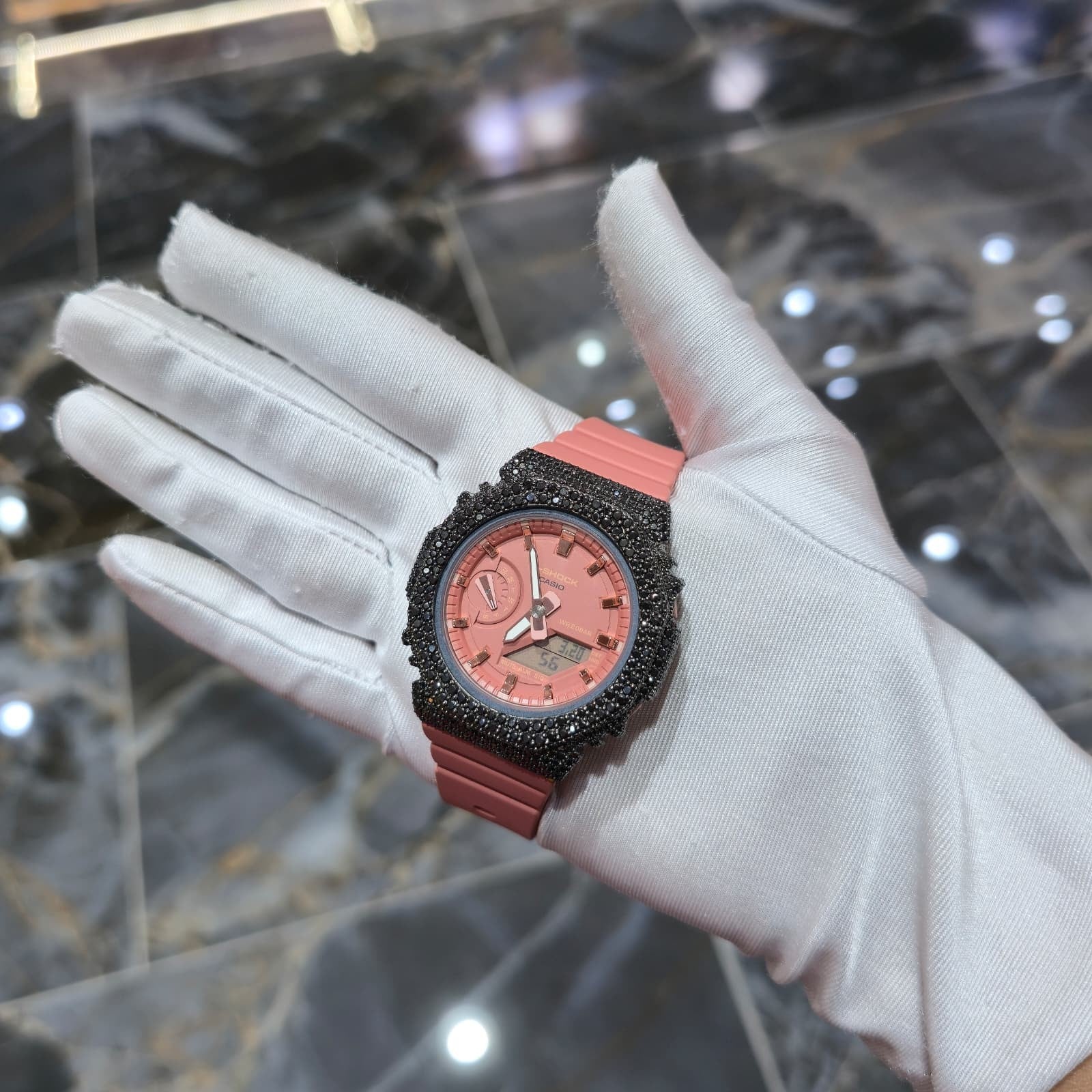 BLACK MOISSANITE Iced Out G-SHOCK GA2100 “Casioak” – PINK Dial | Pink Band