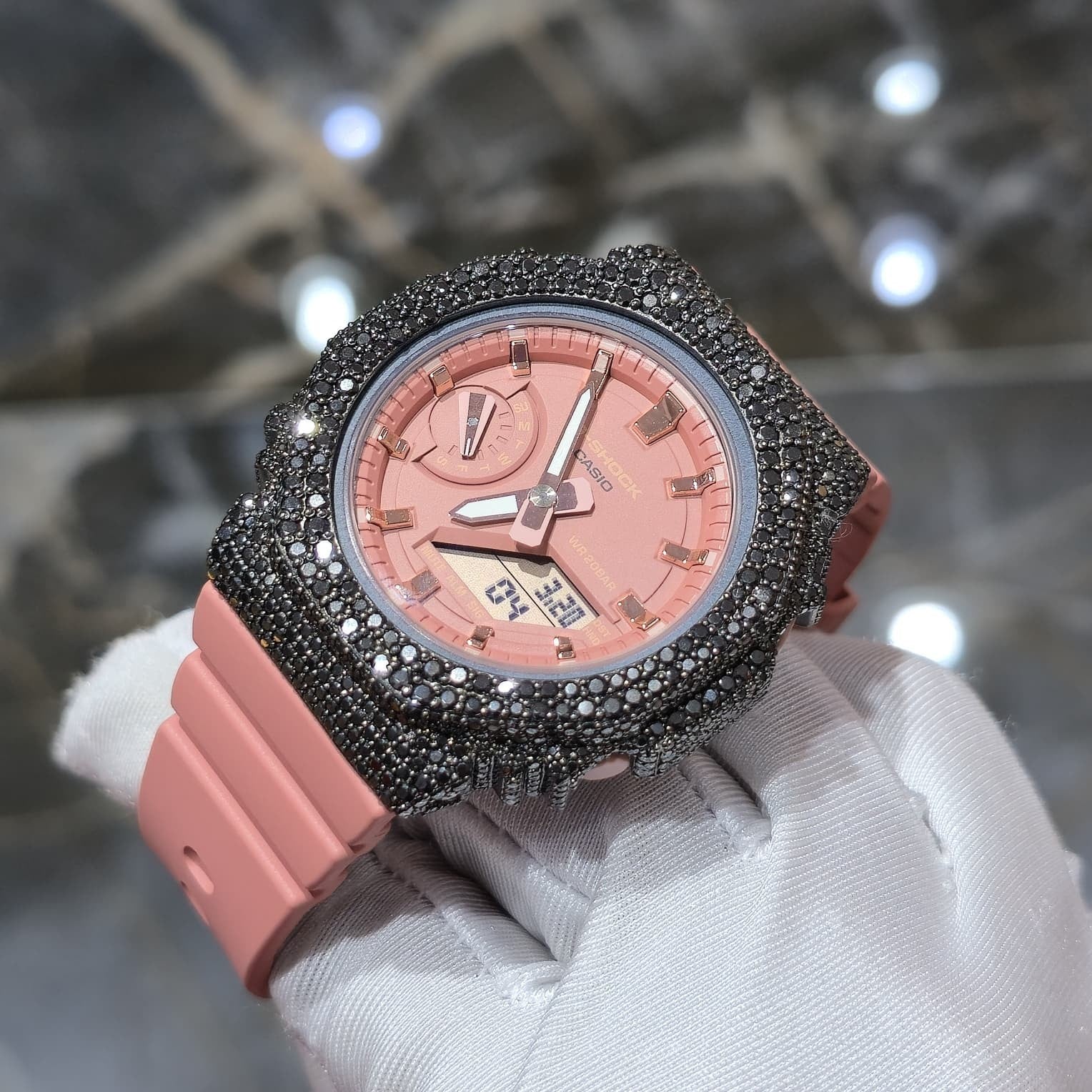 BLACK MOISSANITE Iced Out G-SHOCK GA2100 “Casioak” – PINK Dial | Pink Band