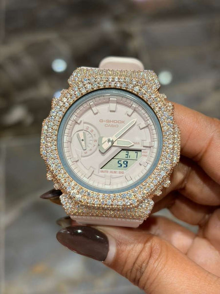 Authentic Casio G-SHOCK GA2100 Custom Iced Out Watch –Rose Tone | Baby Pink Band