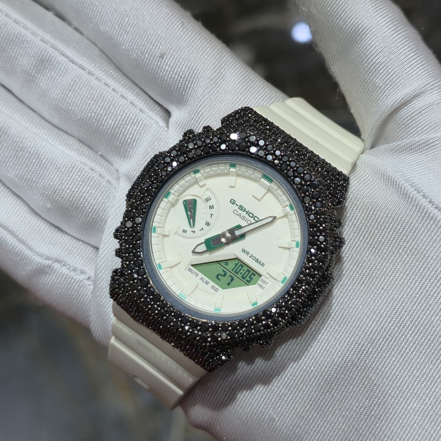 BLACK MOISSANITE Iced Out G-SHOCK GA2100 “Casioak” – Off-White Dial | Cream Band