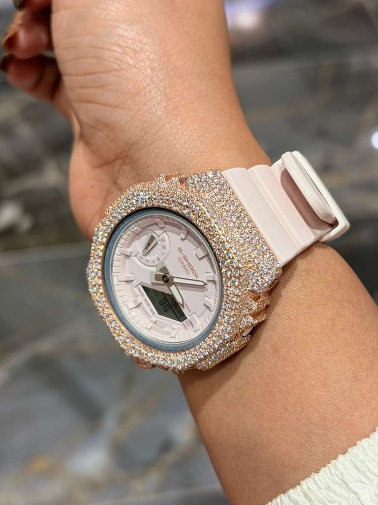 Authentic Casio G-SHOCK GA2100 Custom Iced Out Watch –Rose Tone | Baby Pink Band