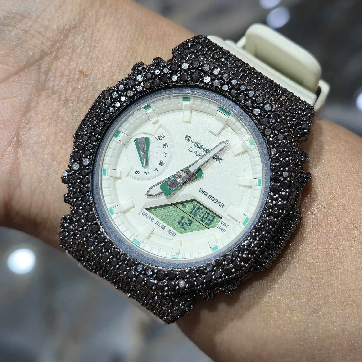 BLACK MOISSANITE Iced Out G-SHOCK GA2100 “Casioak” – Off-White Dial | Cream Band