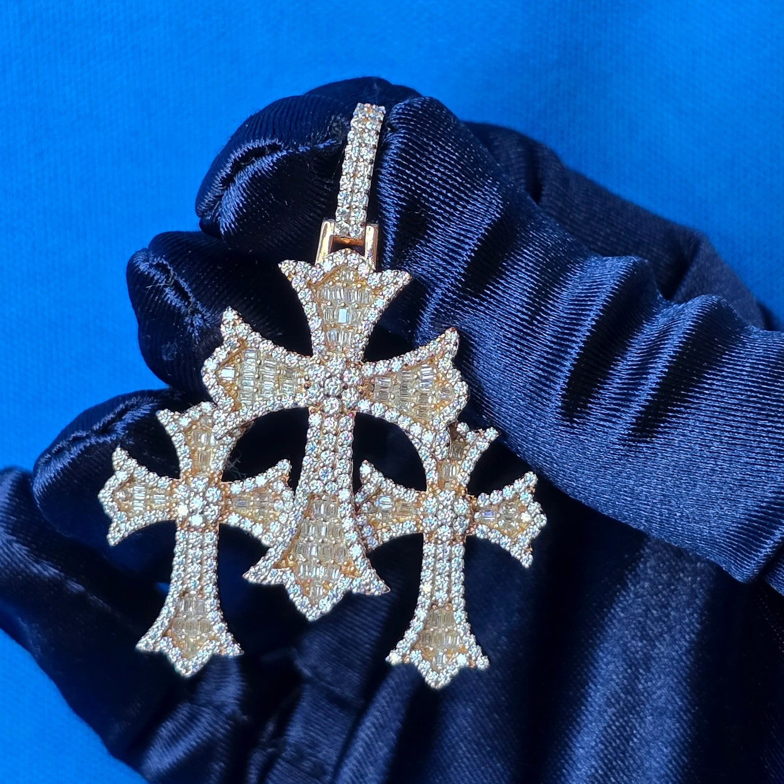 Iced Out Triple Cross Pendant 925 Sterling Silver Moissanite Baguette Hip Hop.