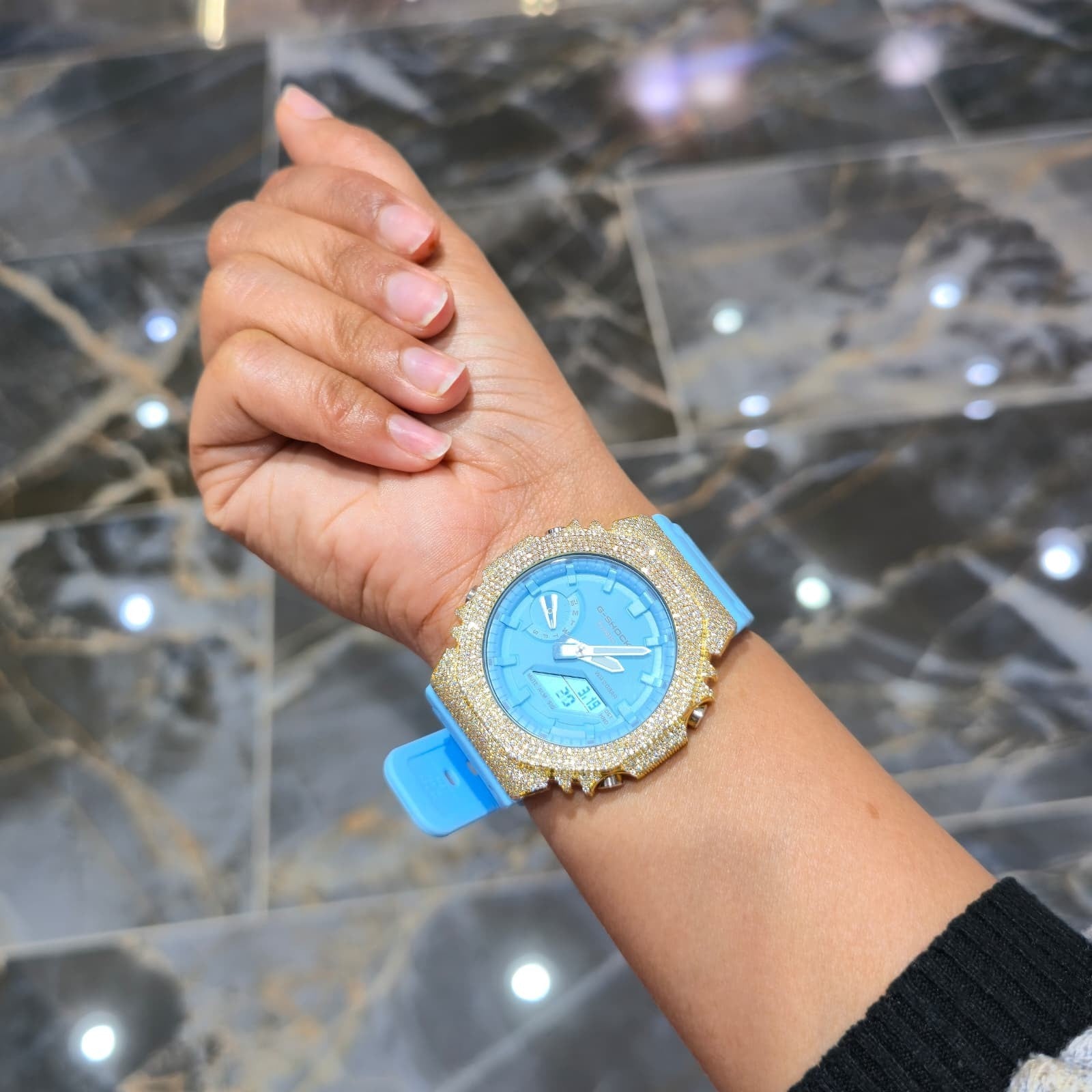 Authentic Casio G-SHOCK GA2100 Custom Iced Out Watch – Yellow Bezel | Blue Band