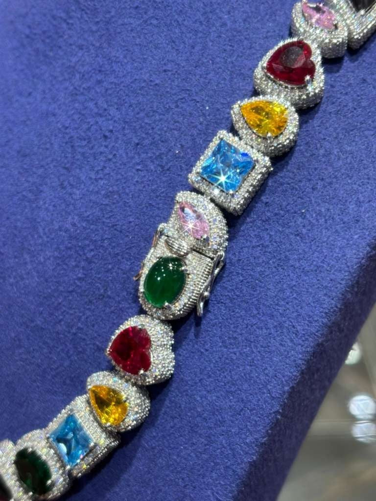 28.7Ct Round Cut VVS Moissanite Multicolor Halo Tennis  Silver 925 22"