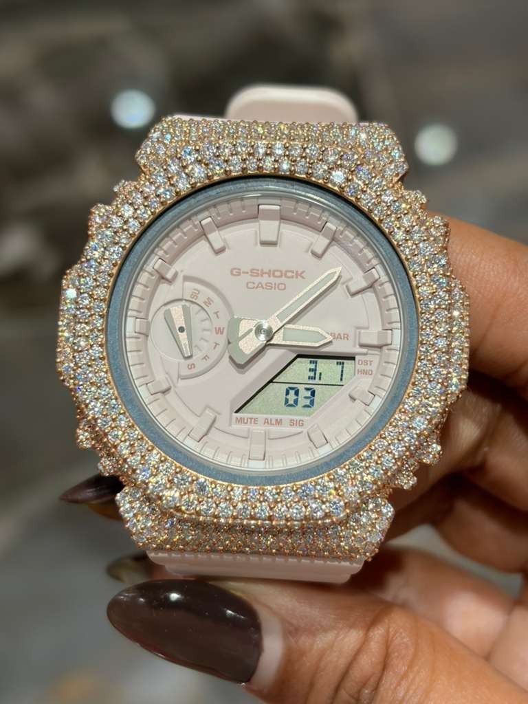 Authentic Casio G-SHOCK GA2100 Custom Iced Out Watch –Rose Tone | Baby Pink Band
