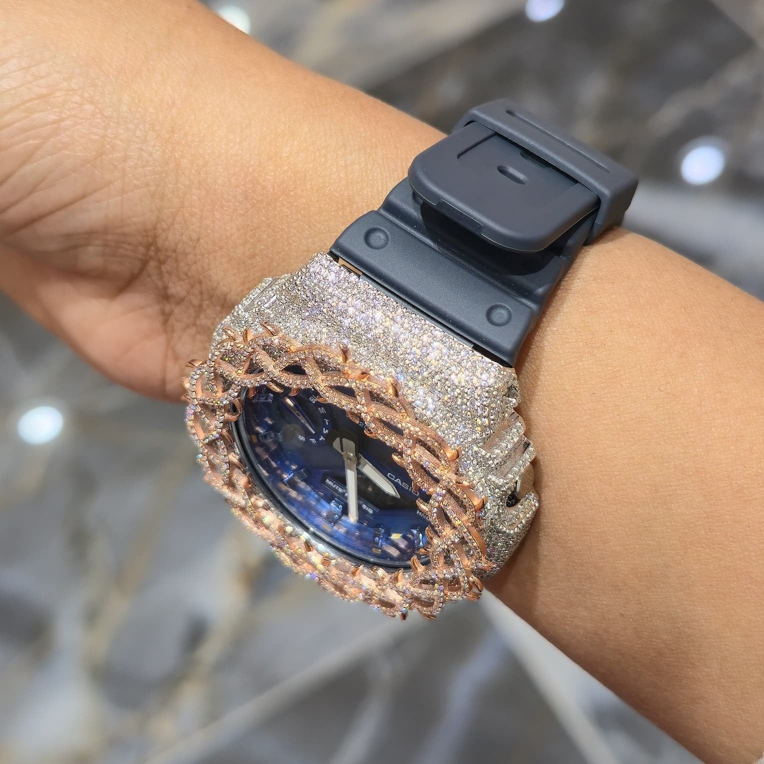 Iced Out G-Shock  Watch Authentic VVS Moissanite Barbed Wire Two Tone | BlueFace