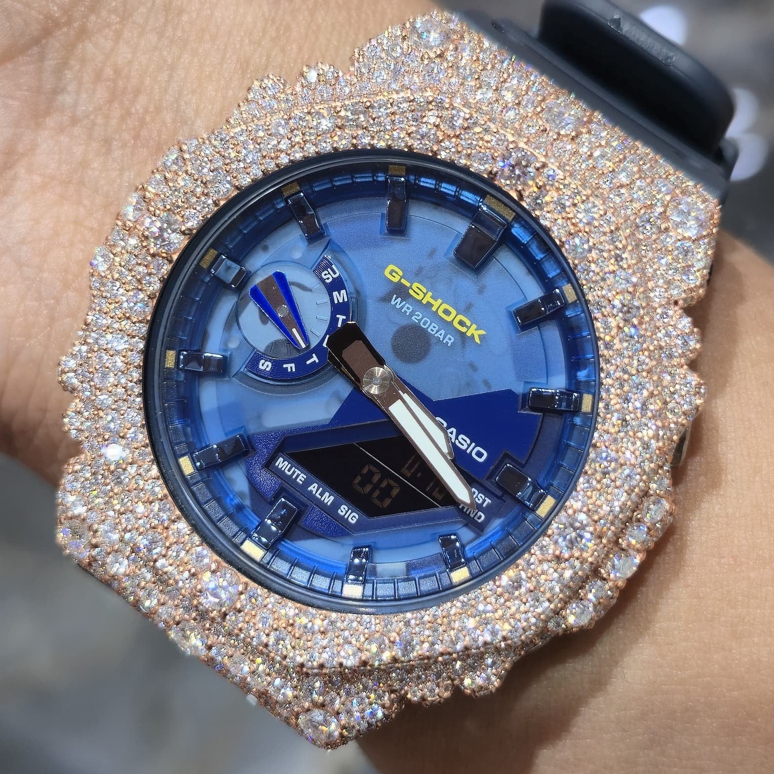 Authentic Casio G-SHOCK Custom Rose IcedOut Watch Blue Dial  | Dark Blue Band
