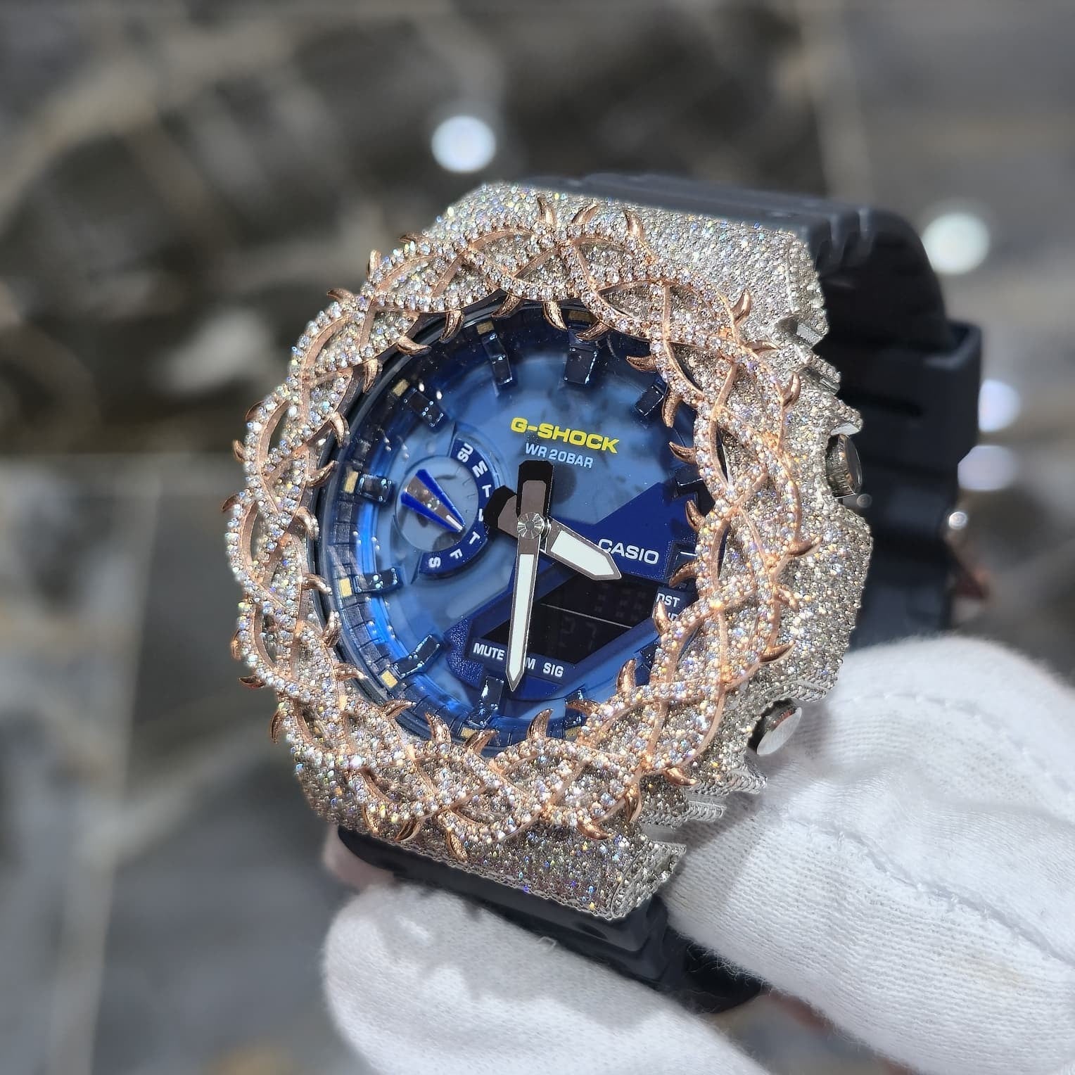 Iced Out G-Shock  Watch Authentic VVS Moissanite Barbed Wire Two Tone | BlueFace