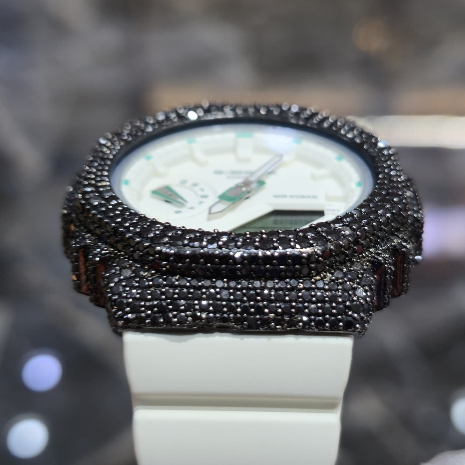 BLACK MOISSANITE Iced Out G-SHOCK GA2100 “Casioak” – Off-White Dial | Cream Band