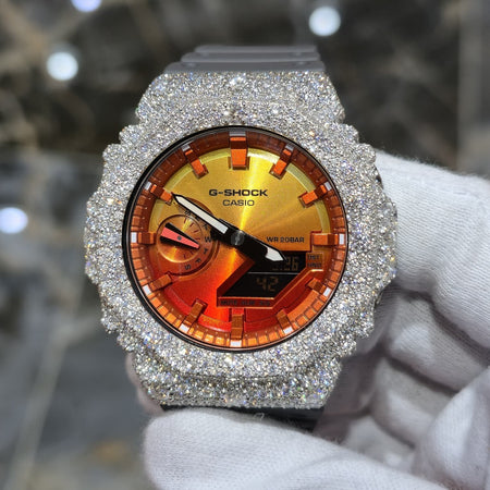 Authentic Casio G-SHOCK Custom Silver Iced Out Watch Orange Dial  | Gray Band