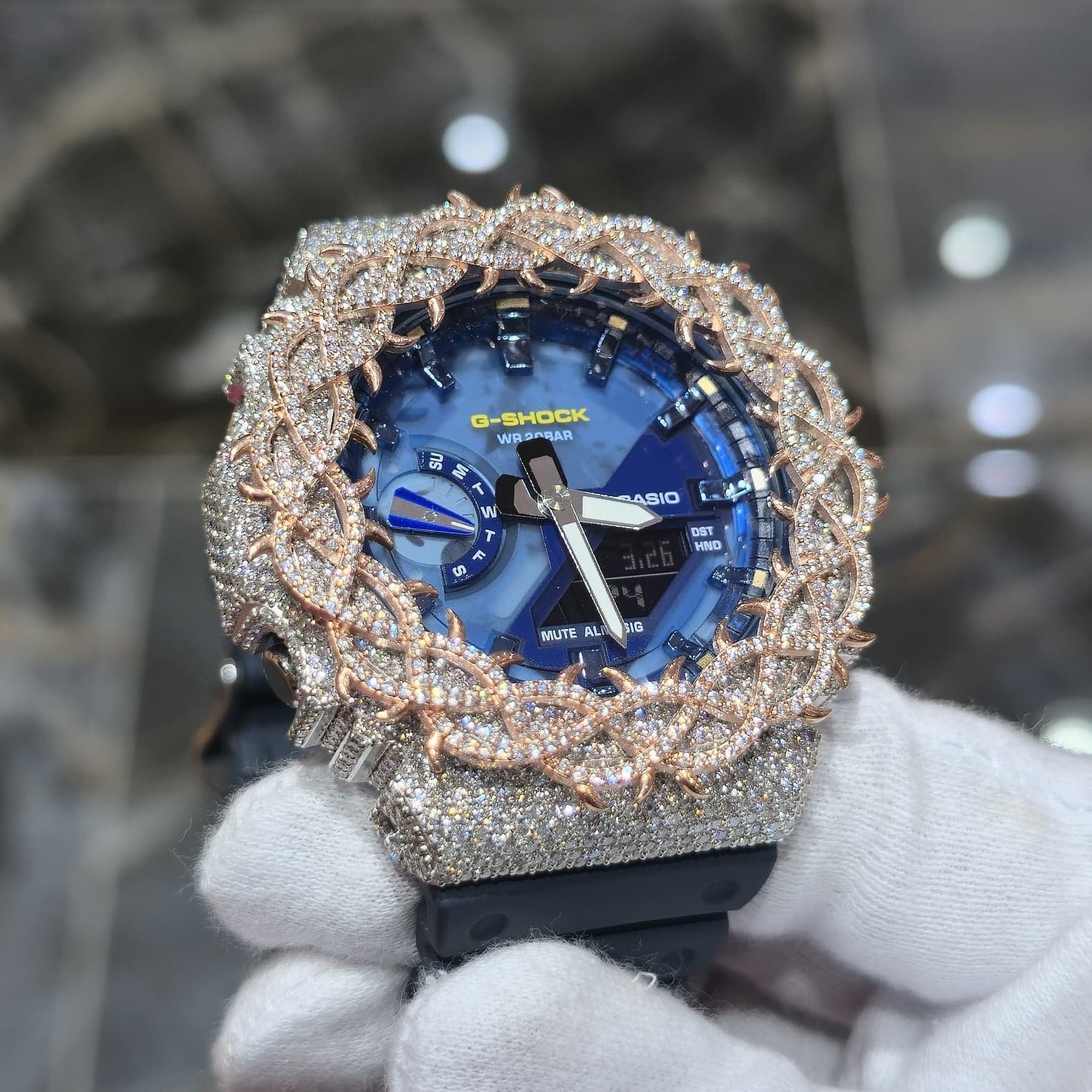 Iced Out G-Shock  Watch Authentic VVS Moissanite Barbed Wire Two Tone | BlueFace