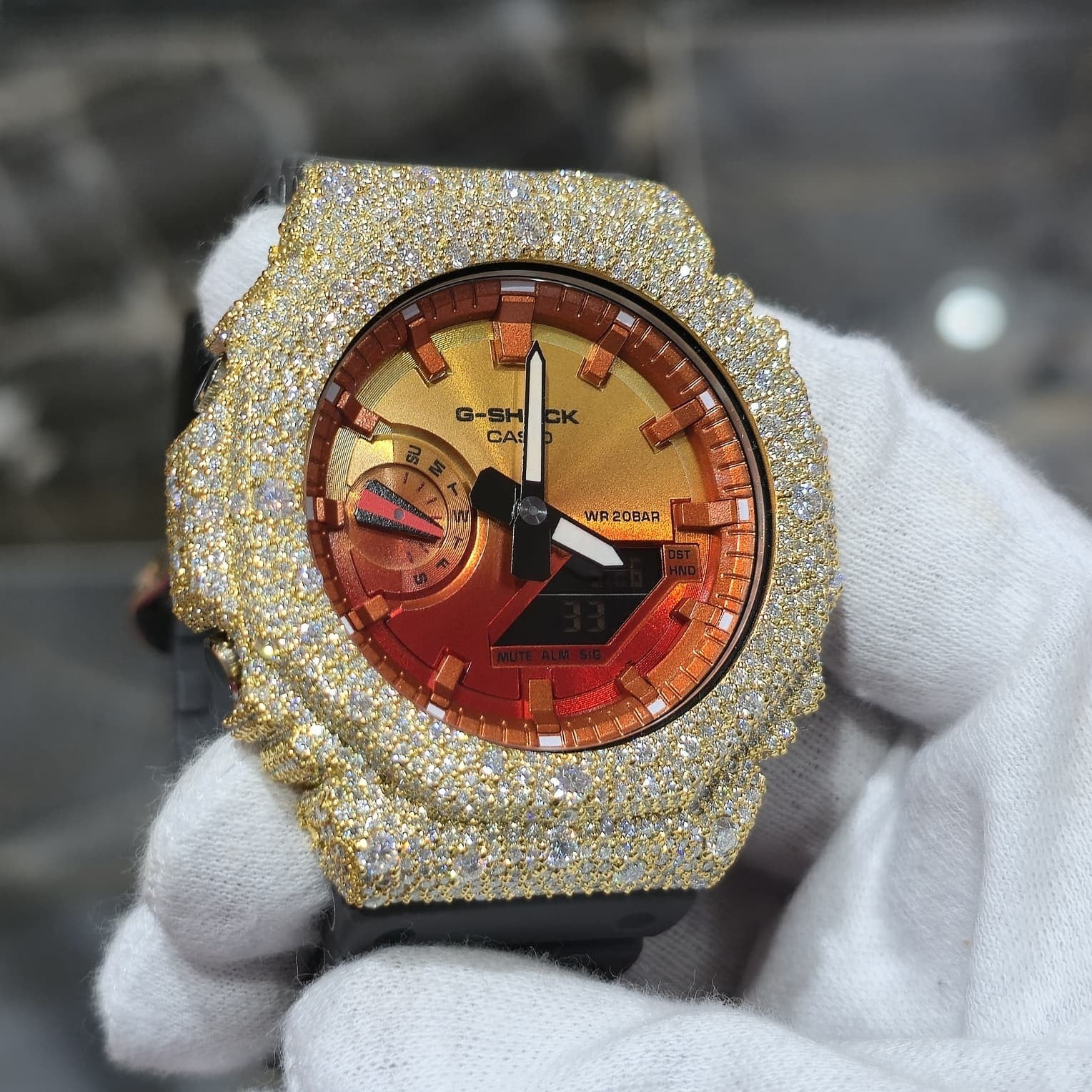 Authentic Casio G-SHOCK Custom Yellow Iced Out Watch Orange Dial  | Gray Band