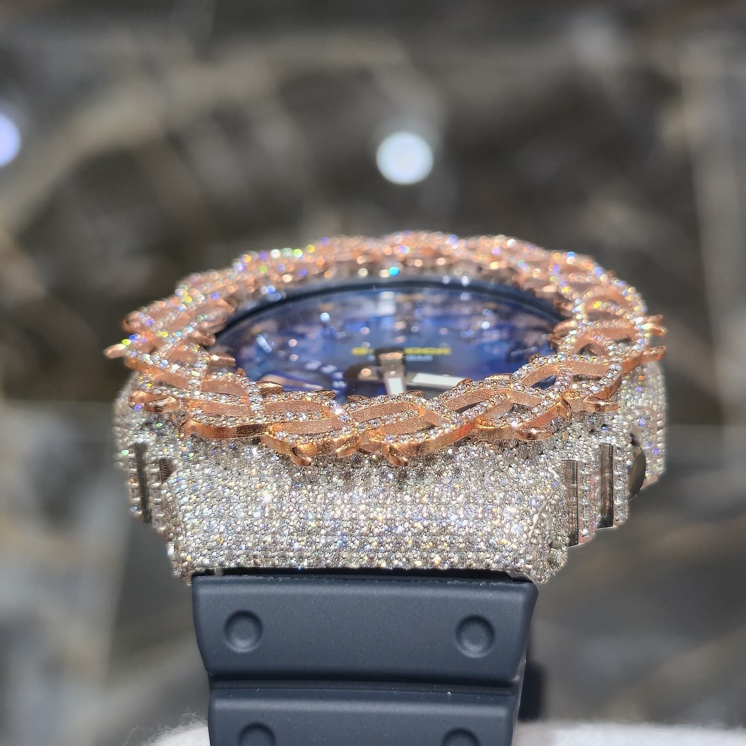 Iced Out G-Shock  Watch Authentic VVS Moissanite Barbed Wire Two Tone | BlueFace