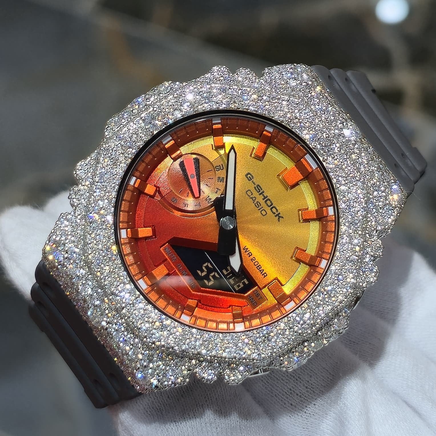 Authentic Casio G-SHOCK Custom Silver Iced Out Watch Orange Dial  | Gray Band