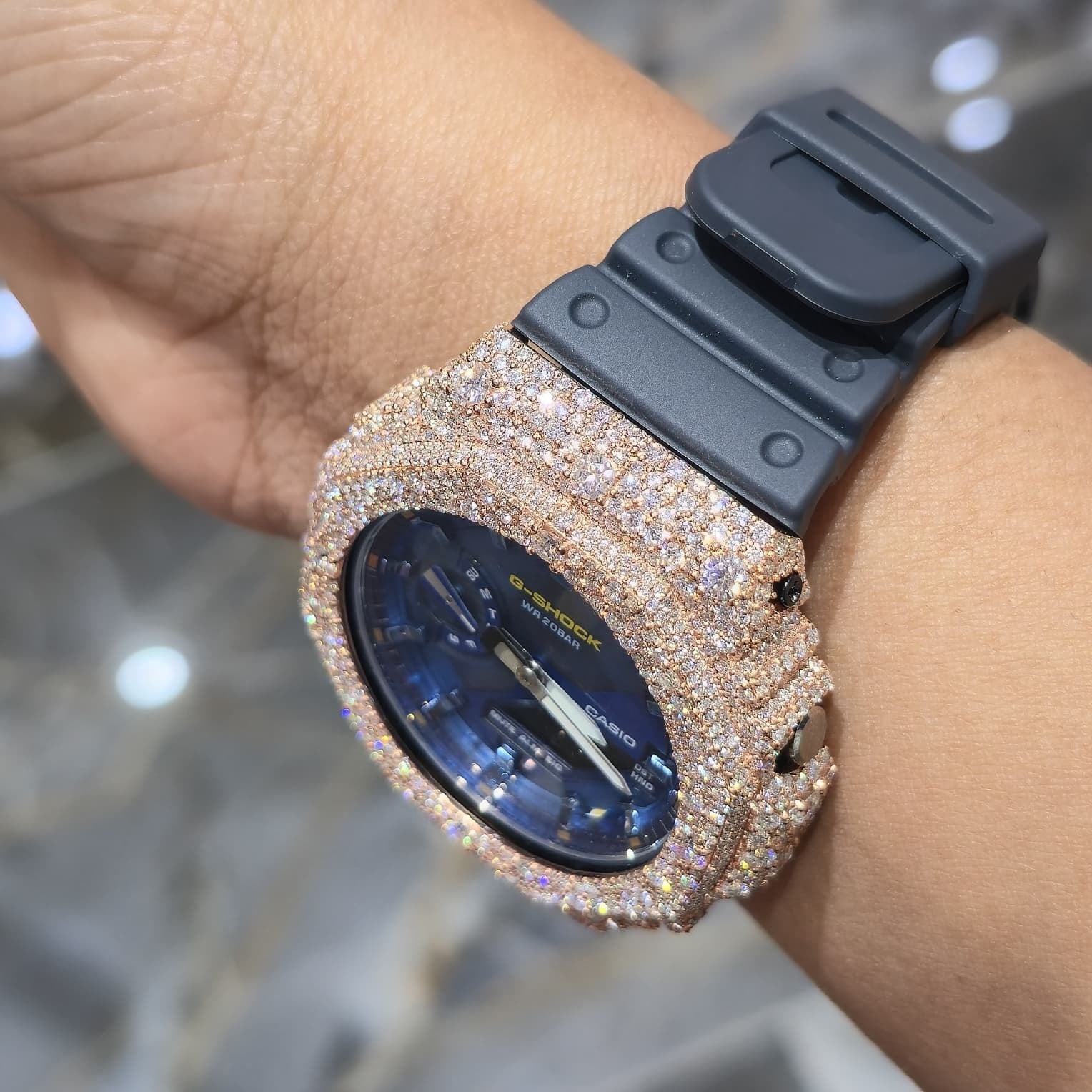 Authentic Casio G-SHOCK Custom Rose IcedOut Watch Blue Dial  | Dark Blue Band