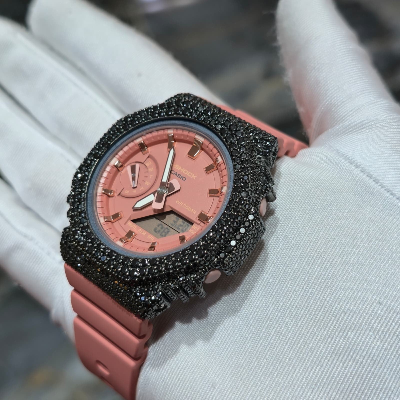 BLACK MOISSANITE Iced Out G-SHOCK GA2100 “Casioak” – PINK Dial | Pink Band