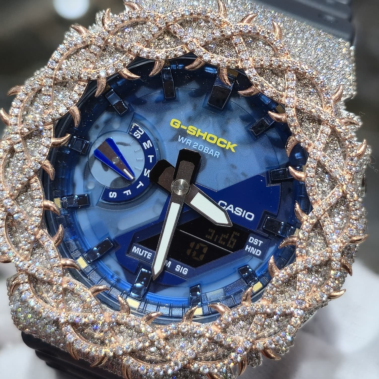 Iced Out G-Shock  Watch Authentic VVS Moissanite Barbed Wire Two Tone | BlueFace