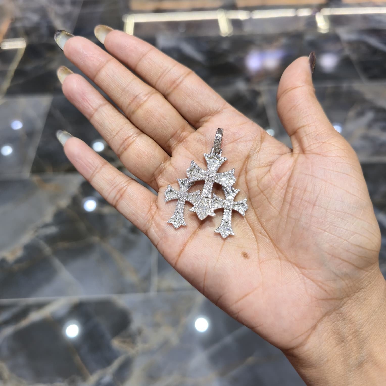 Iced Out Triple Cross Pendant 925 Sterling Silver Moissanite Baguette Hip Hop.