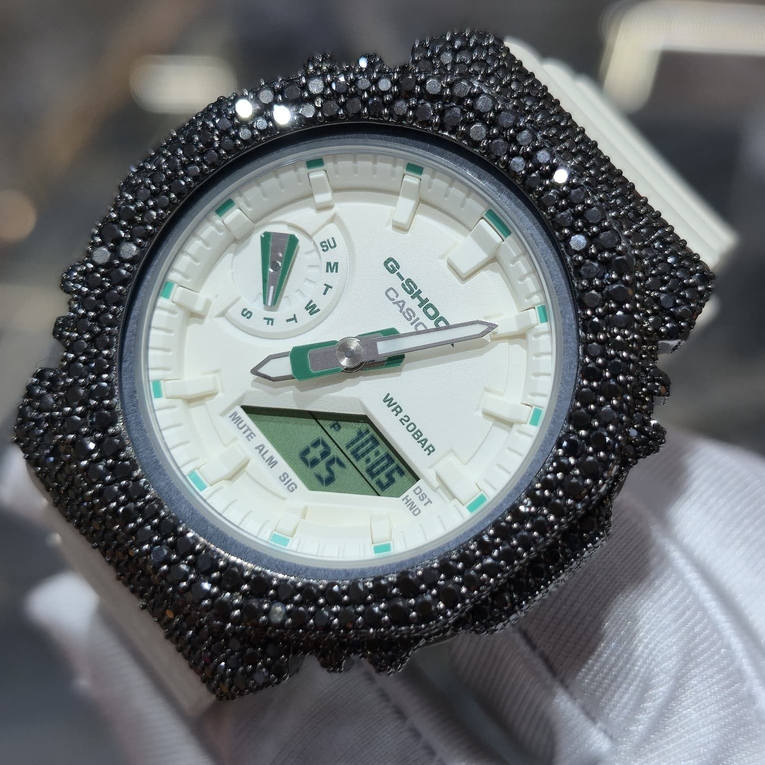 BLACK MOISSANITE Iced Out G-SHOCK GA2100 “Casioak” – Off-White Dial | Cream Band