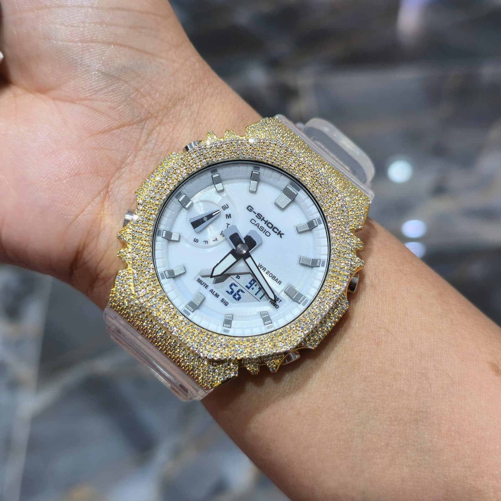 Authentic Casio G-SHOCK GA2100 Custom Iced Out – Yellow | White Dial |ClearBand