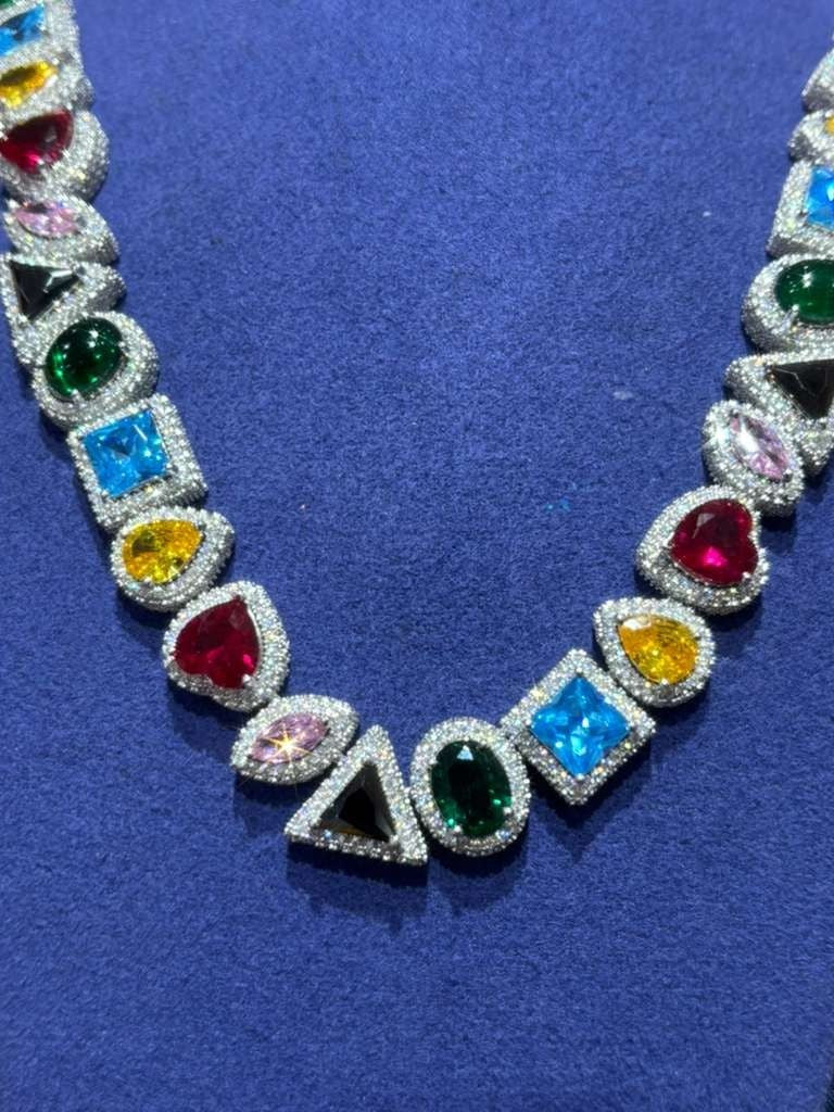 28.7Ct Round Cut VVS Moissanite Multicolor Halo Tennis  Silver 925 22"