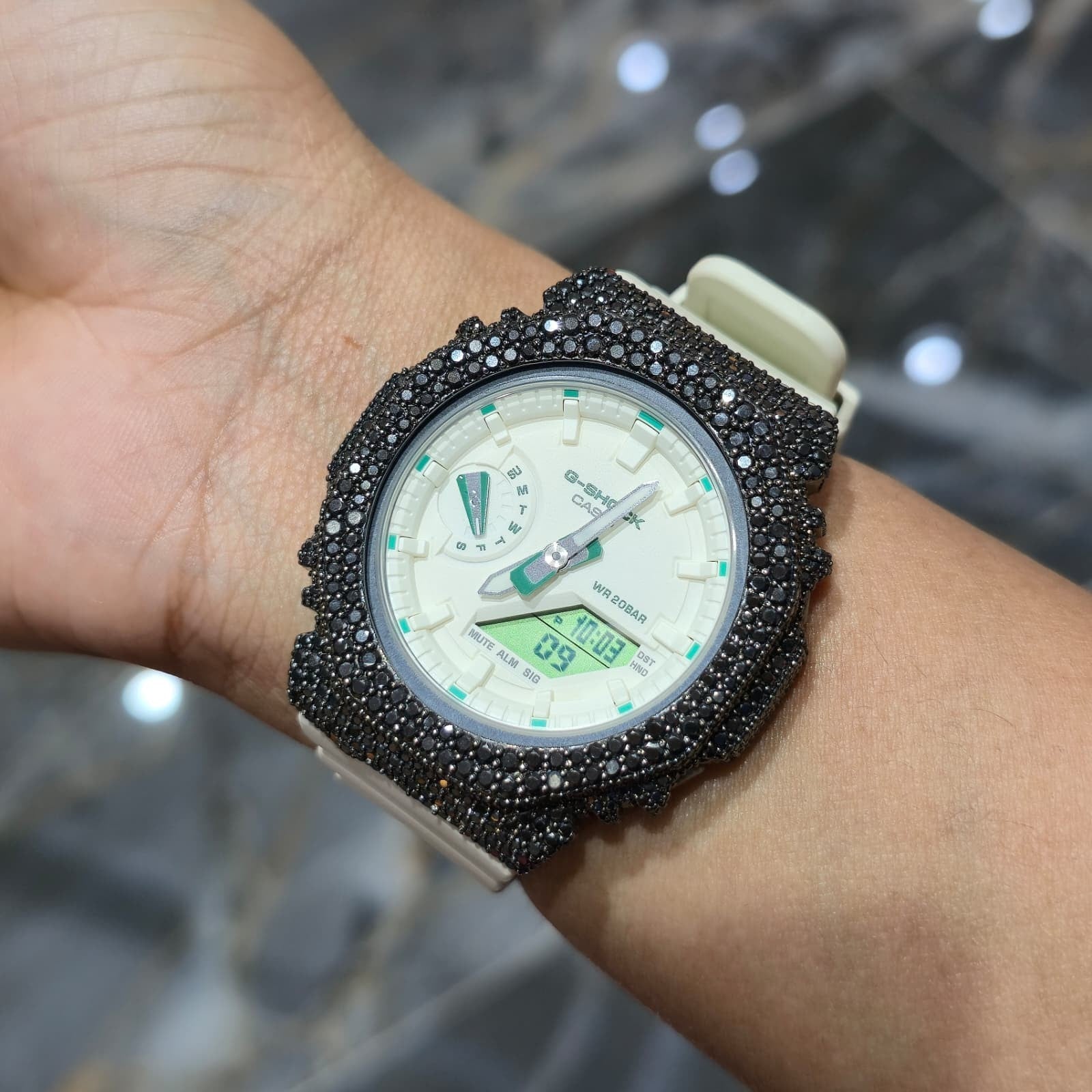 BLACK MOISSANITE Iced Out G-SHOCK GA2100 “Casioak” – Off-White Dial | Cream Band