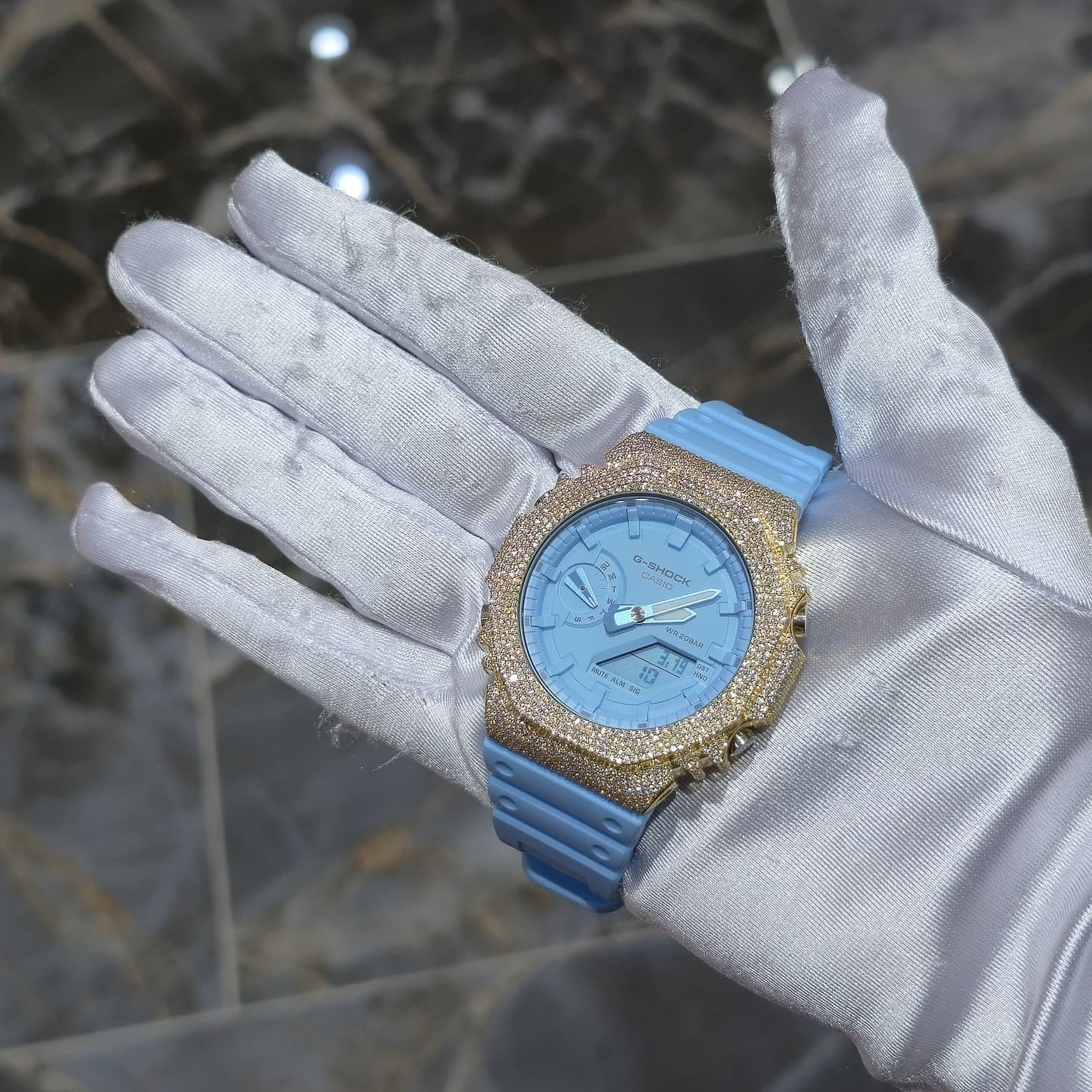 Authentic Casio G-SHOCK GA2100 Custom Iced Out Watch – Yellow Bezel | Blue Band