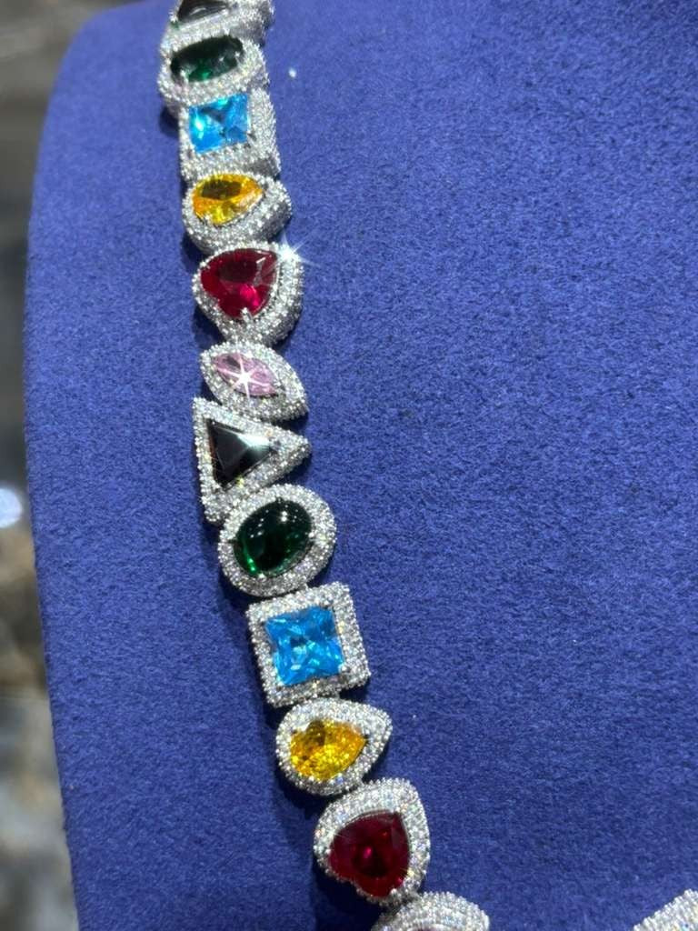 28.7Ct Round Cut VVS Moissanite Multicolor Halo Tennis  Silver 925 22"