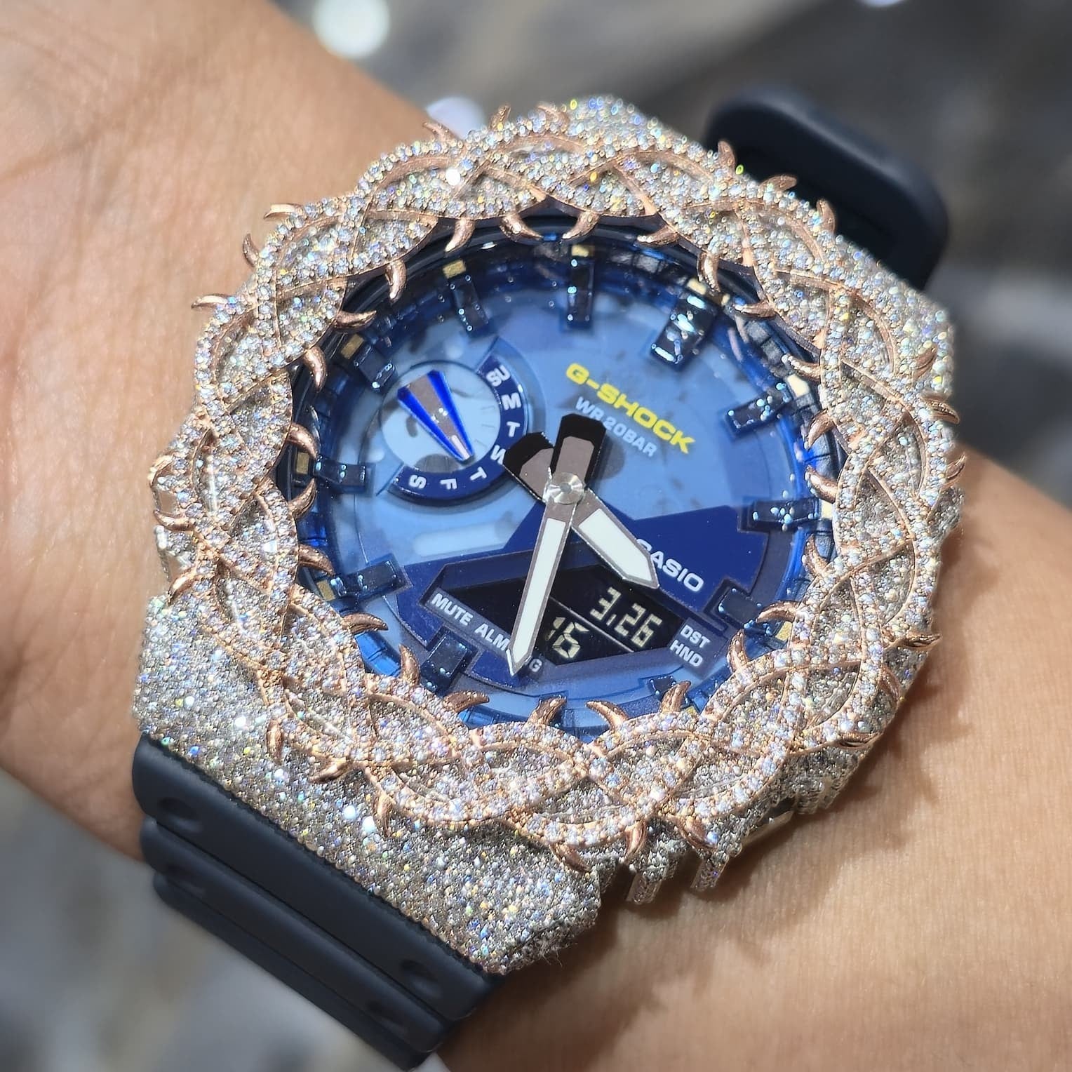 Iced Out G-Shock  Watch Authentic VVS Moissanite Barbed Wire Two Tone | BlueFace