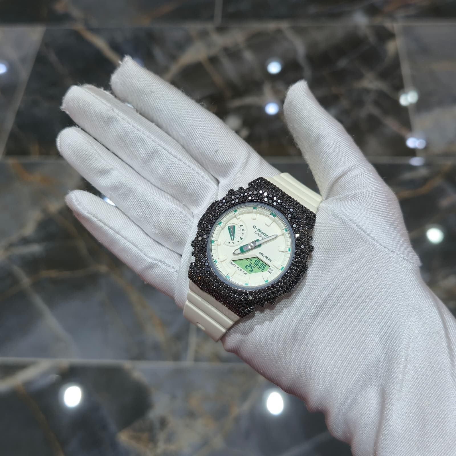 BLACK MOISSANITE Iced Out G-SHOCK GA2100 “Casioak” – Off-White Dial | Cream Band