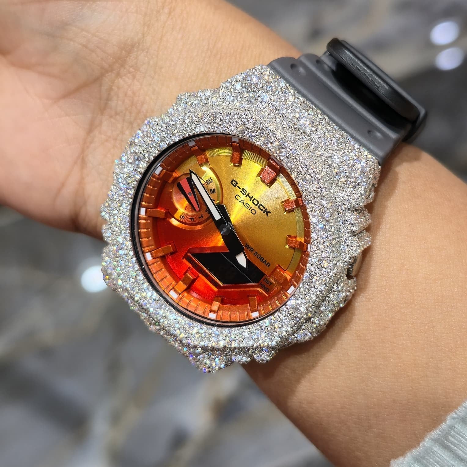 Authentic Casio G-SHOCK Custom Silver Iced Out Watch Orange Dial  | Gray Band
