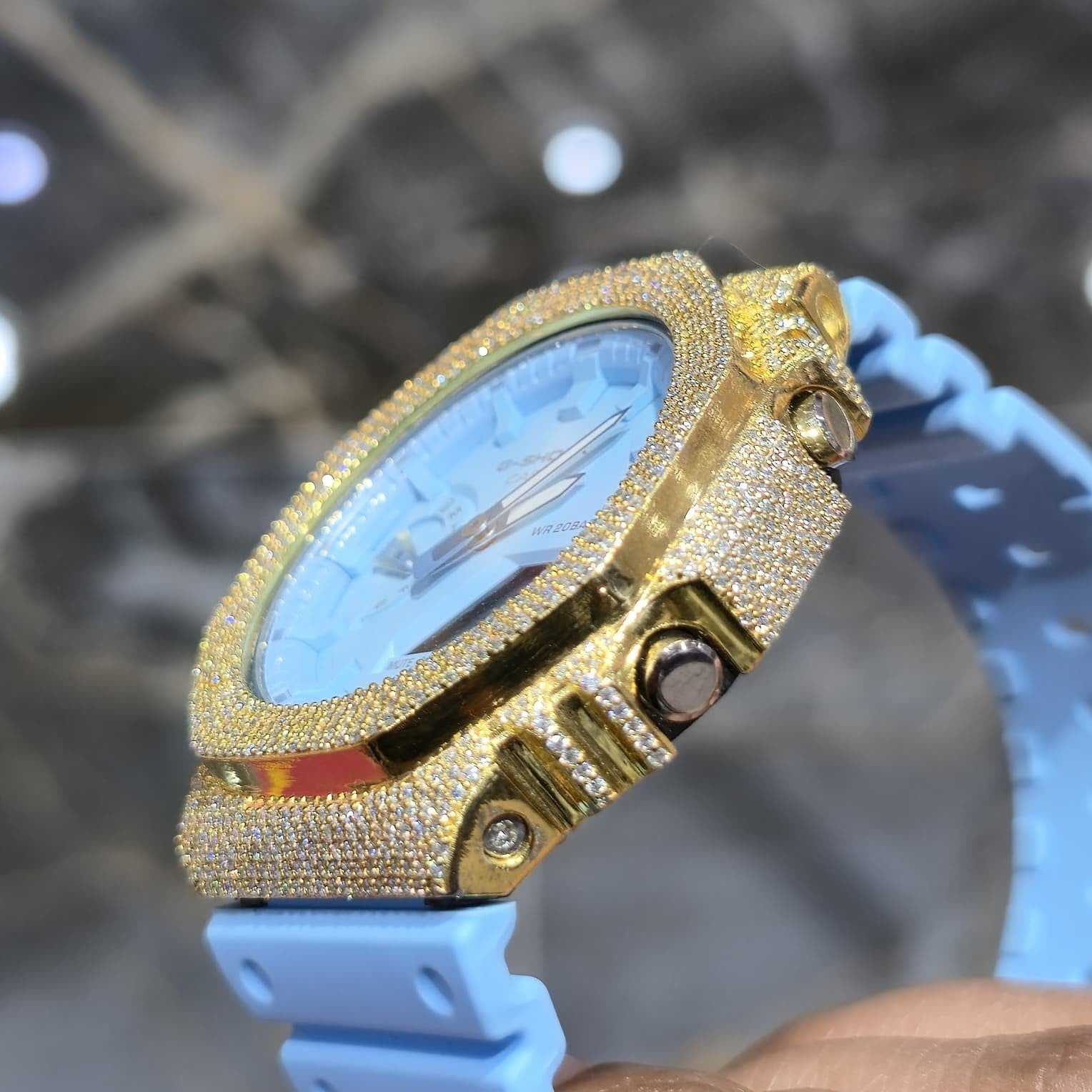 Authentic Casio G-SHOCK GA2100 Custom Iced Out Watch – Yellow Bezel | Blue Band