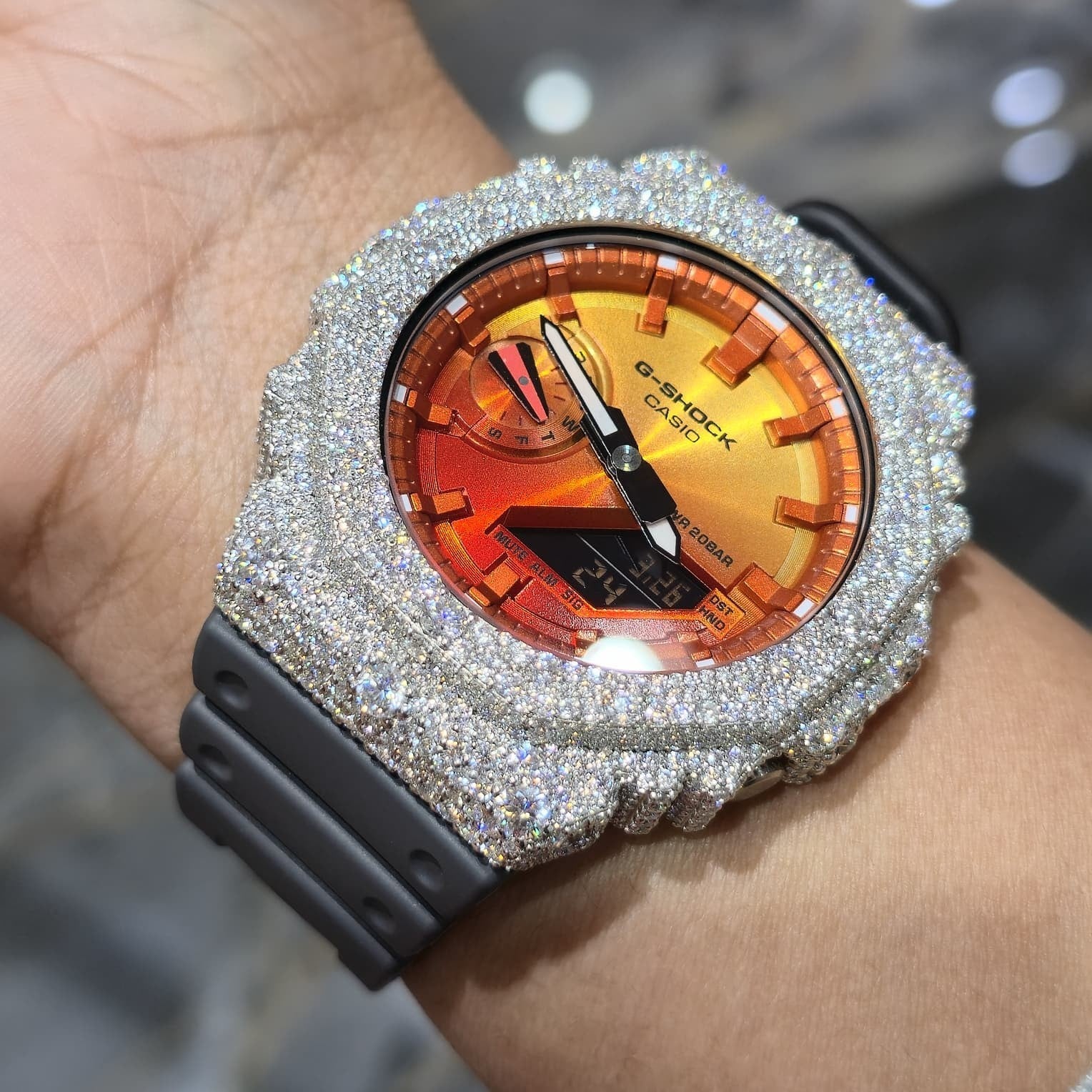 Authentic Casio G-SHOCK Custom Silver Iced Out Watch Orange Dial  | Gray Band