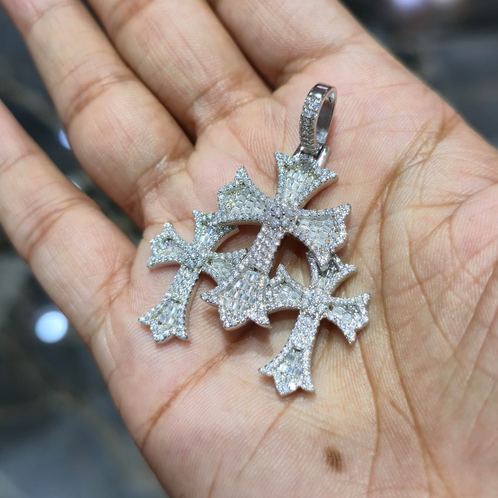 Iced Out Triple Cross Pendant 925 Sterling Silver Moissanite Baguette Hip Hop.