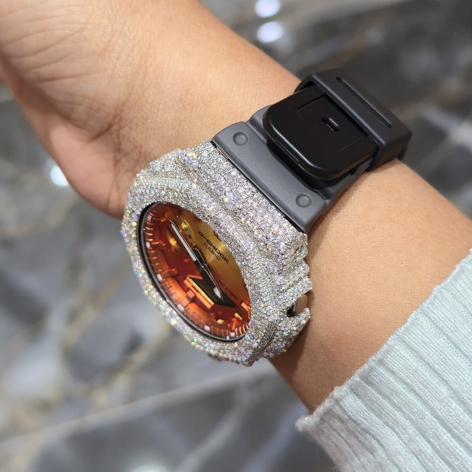 Authentic Casio G-SHOCK Custom Silver Iced Out Watch Orange Dial  | Gray Band
