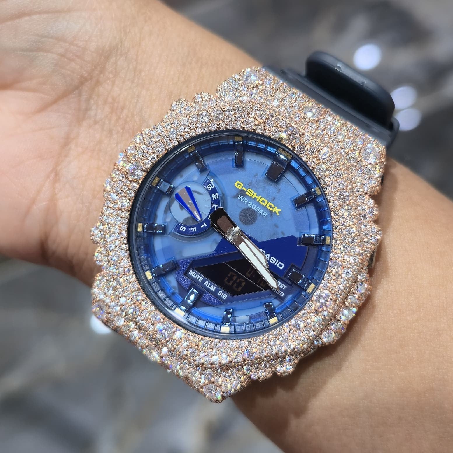 Authentic Casio G-SHOCK Custom Rose IcedOut Watch Blue Dial  | Dark Blue Band