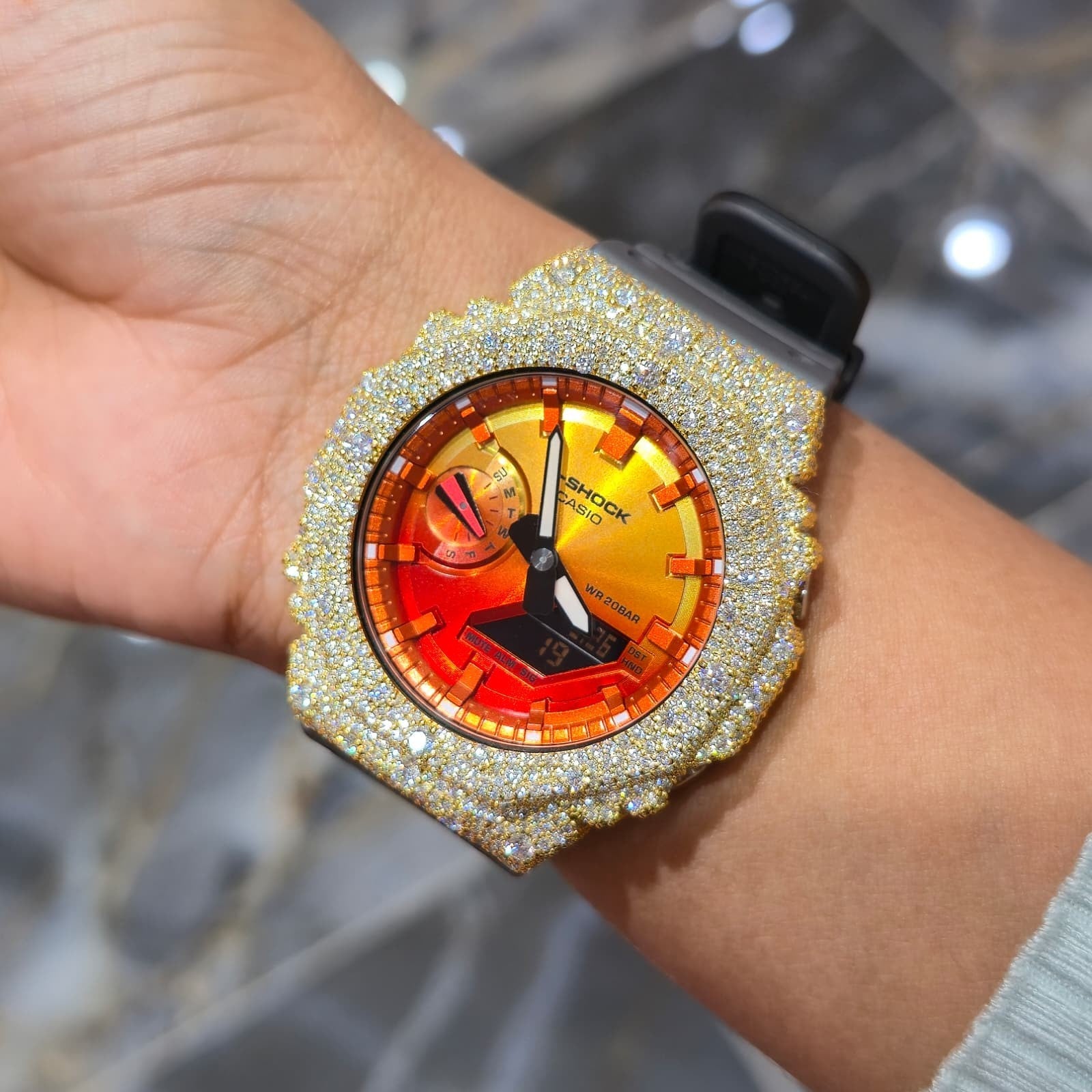 Authentic Casio G-SHOCK Custom Yellow Iced Out Watch Orange Dial  | Gray Band