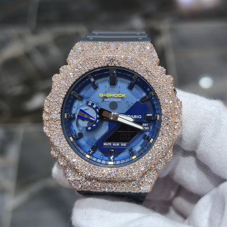 Authentic Casio G-SHOCK Custom Rose IcedOut Watch Blue Dial  | Dark Blue Band
