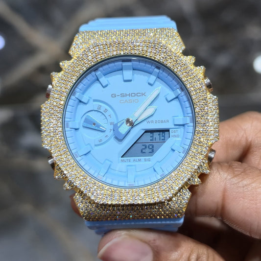 Authentic Casio G-SHOCK GA2100 Custom Iced Out Watch – Yellow Bezel | Blue Band