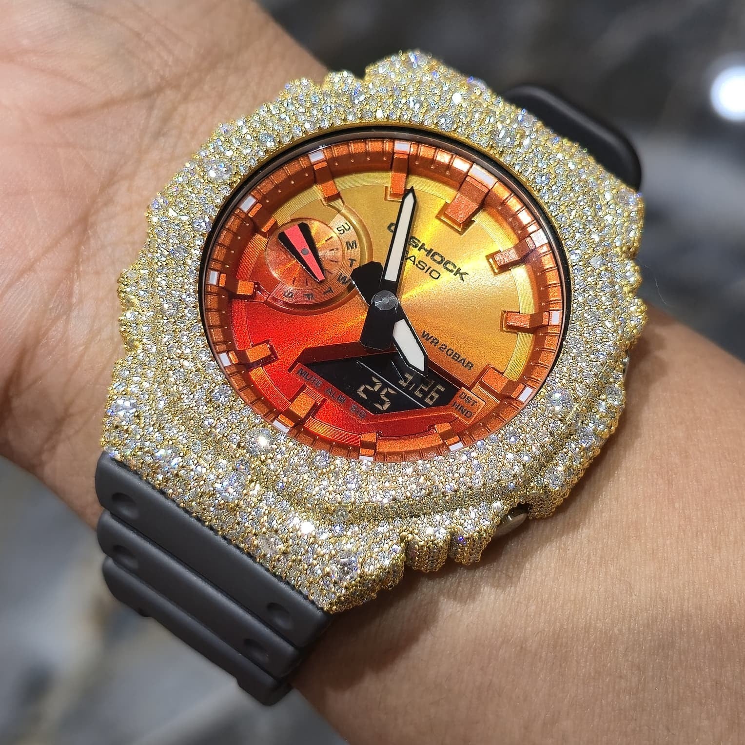 Authentic Casio G-SHOCK Custom Yellow Iced Out Watch Orange Dial  | Gray Band