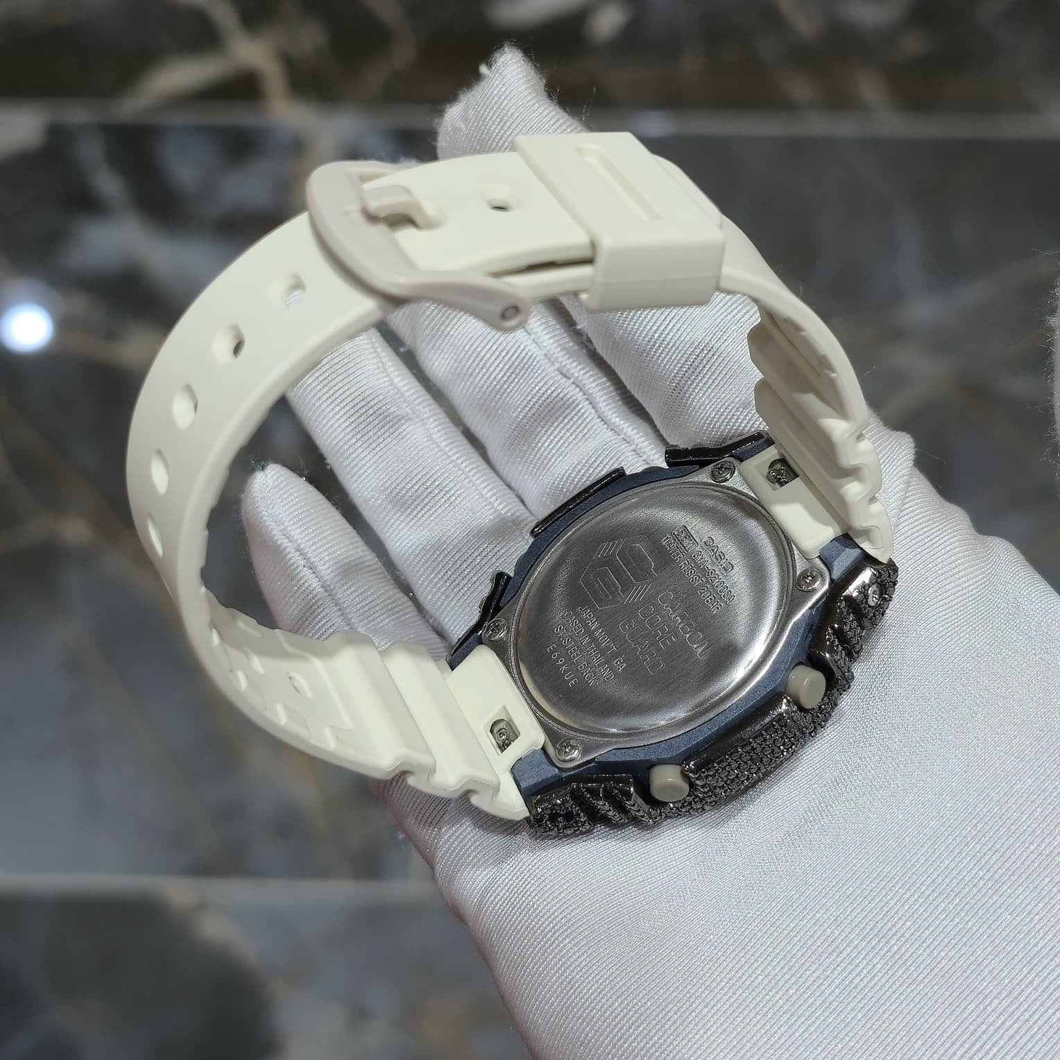BLACK MOISSANITE Iced Out G-SHOCK GA2100 “Casioak” – Off-White Dial | Cream Band