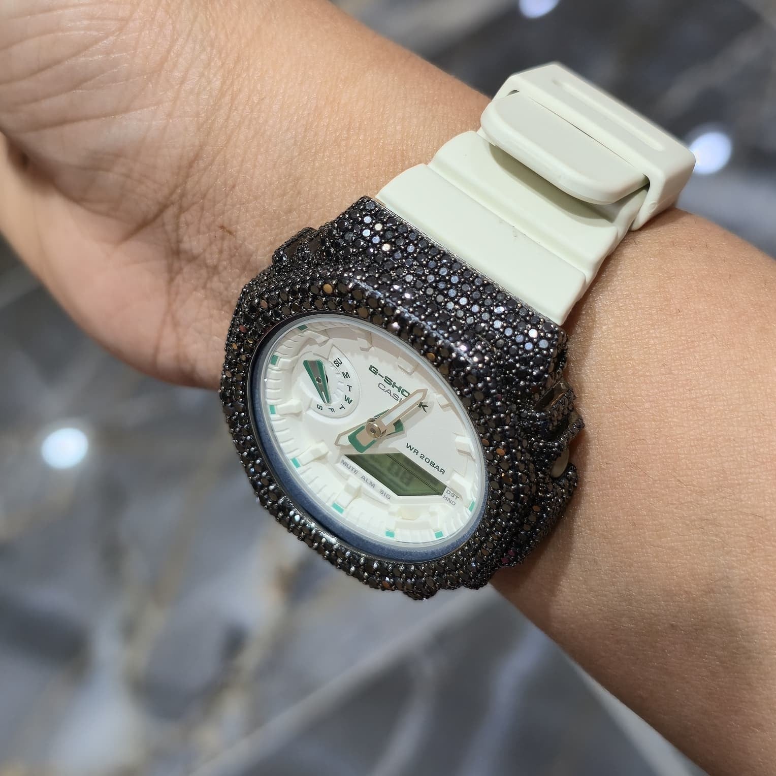 BLACK MOISSANITE Iced Out G-SHOCK GA2100 “Casioak” – Off-White Dial | Cream Band