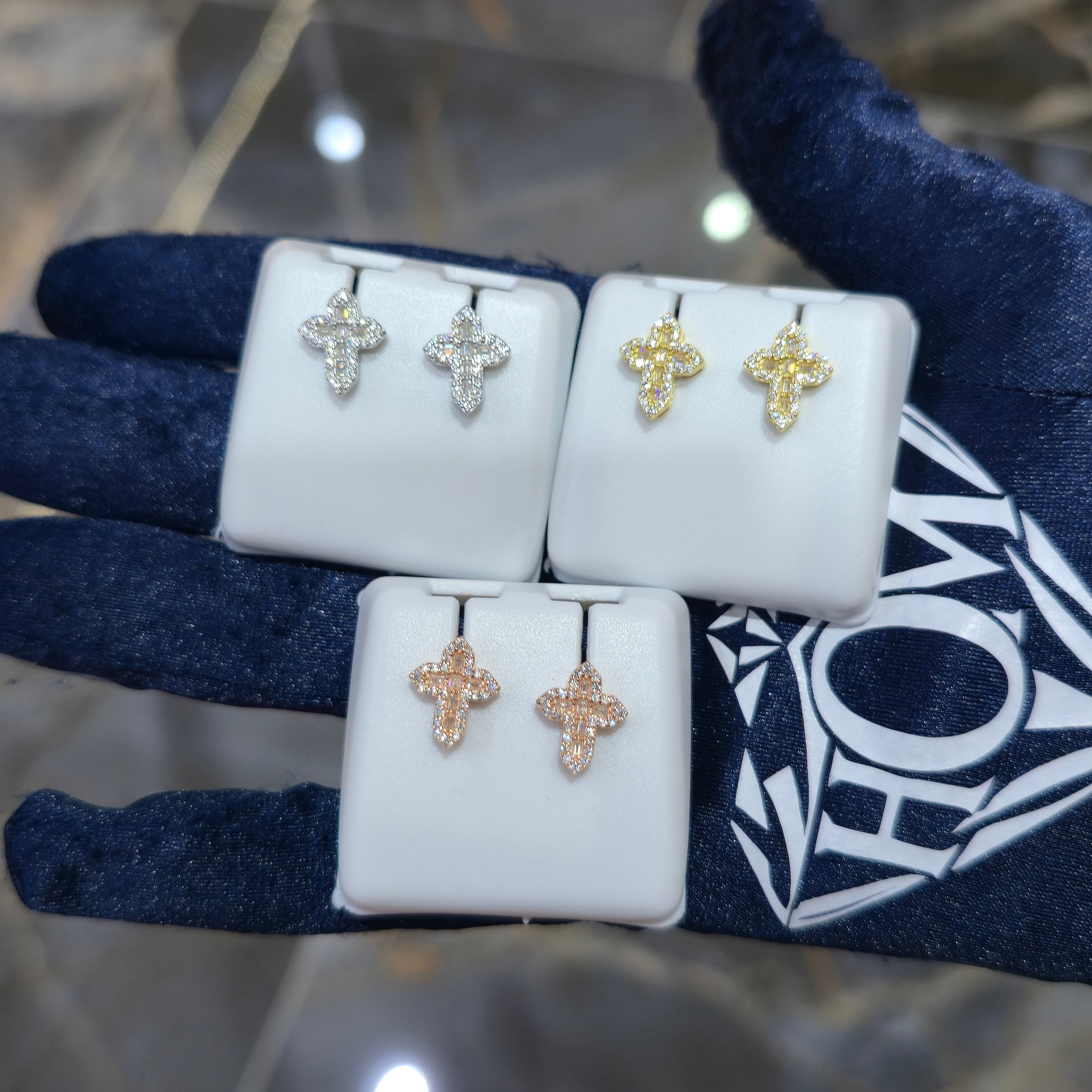 Sterling Silver Baguette & Round Cut Moissanite Cross Stud Earrings