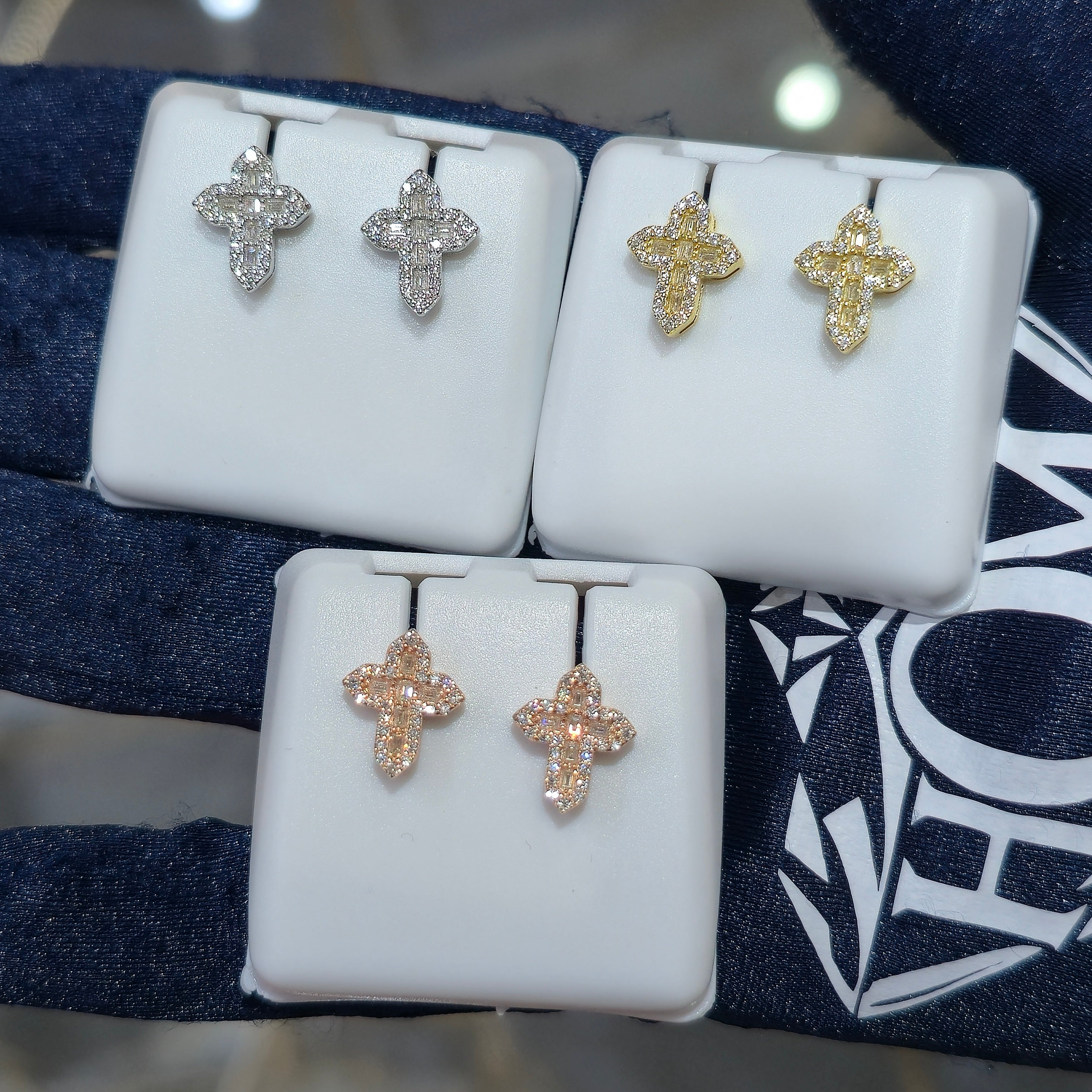 Sterling Silver Baguette & Round Cut Moissanite Cross Stud Earrings
