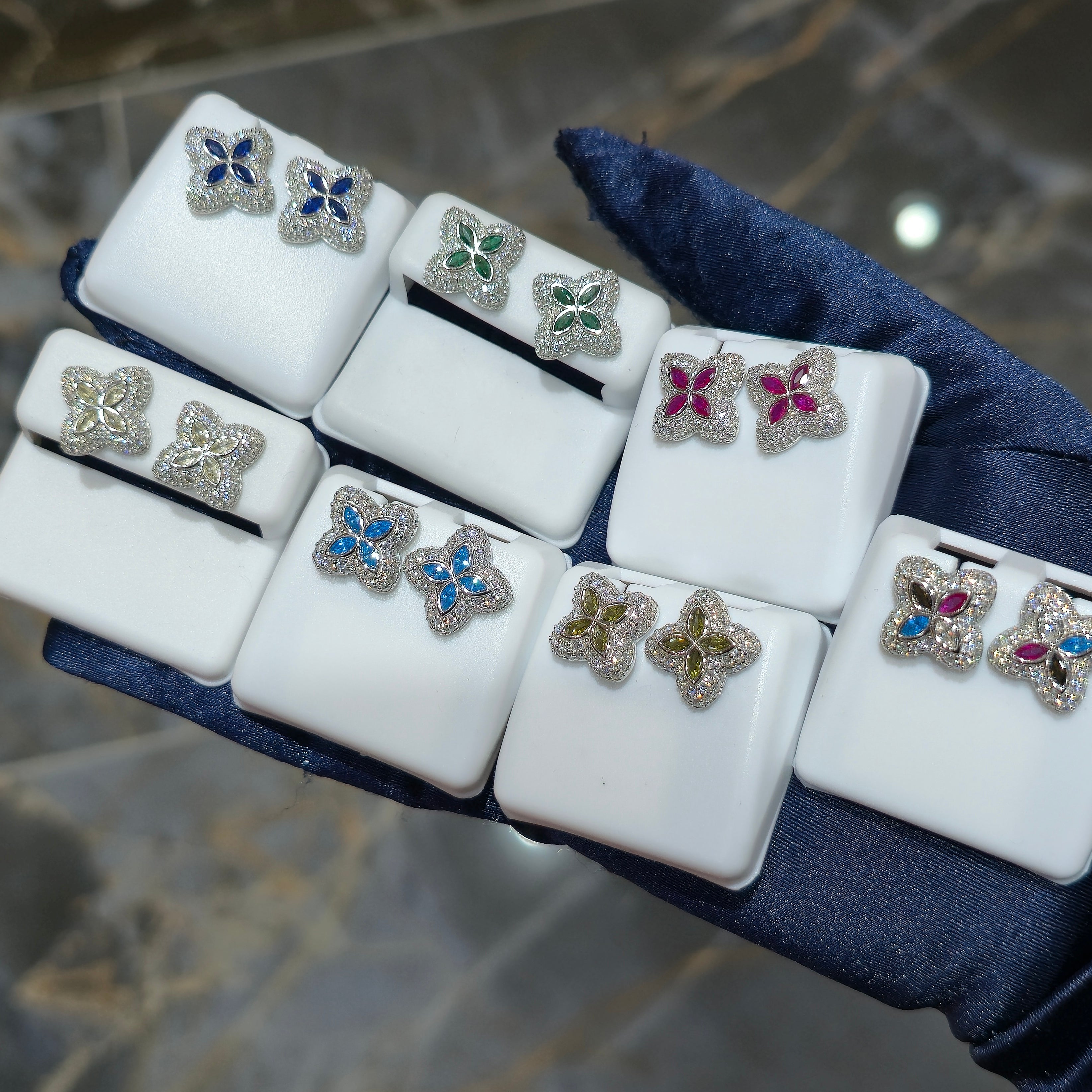 Sterling Silver Moissanite Four Leaf Marquise Cut Stud Earrings