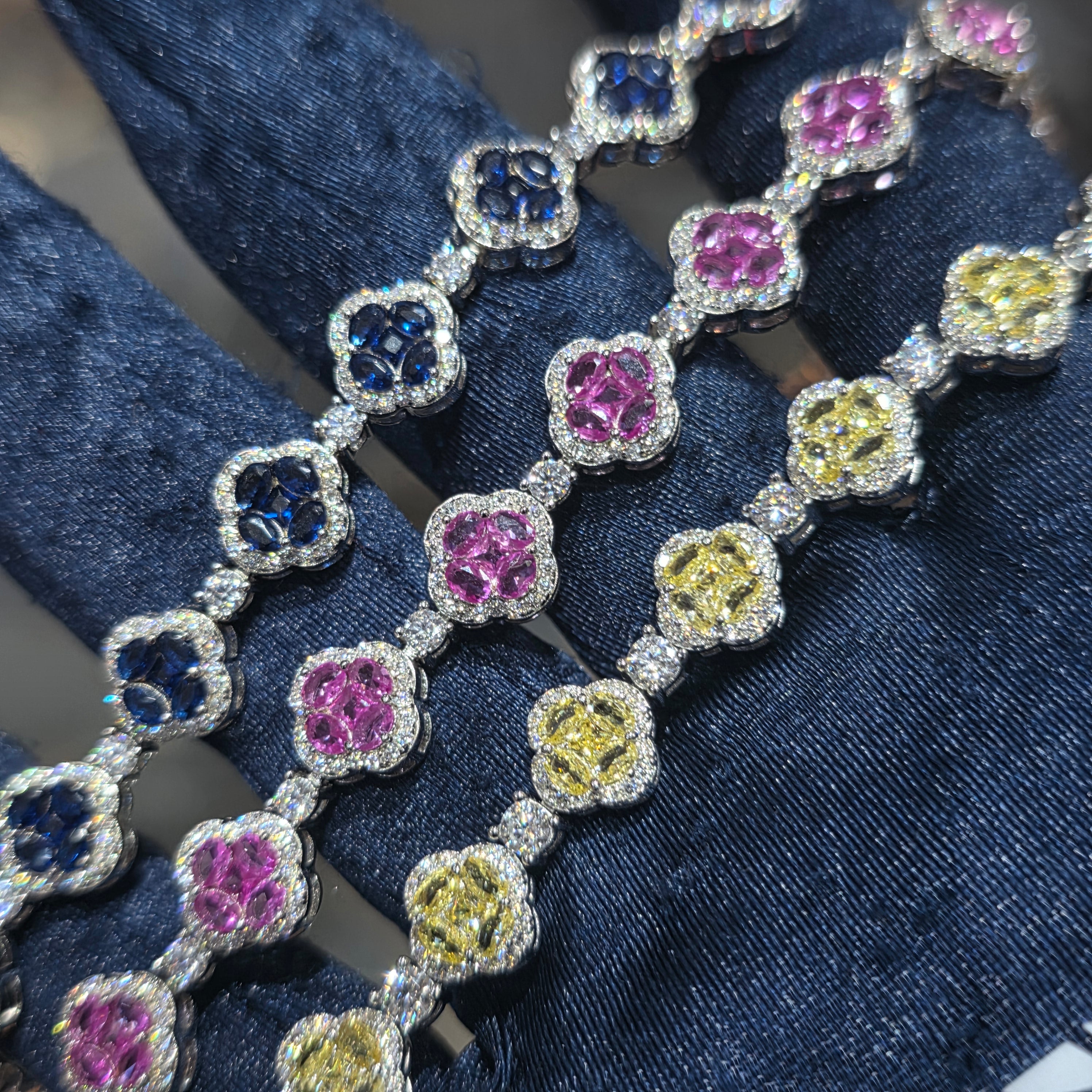 Moissanite Clover Halo Tennis Bracelet – 925 Sterling Silver | Yellow, Pink & Blue | 7 Inch
