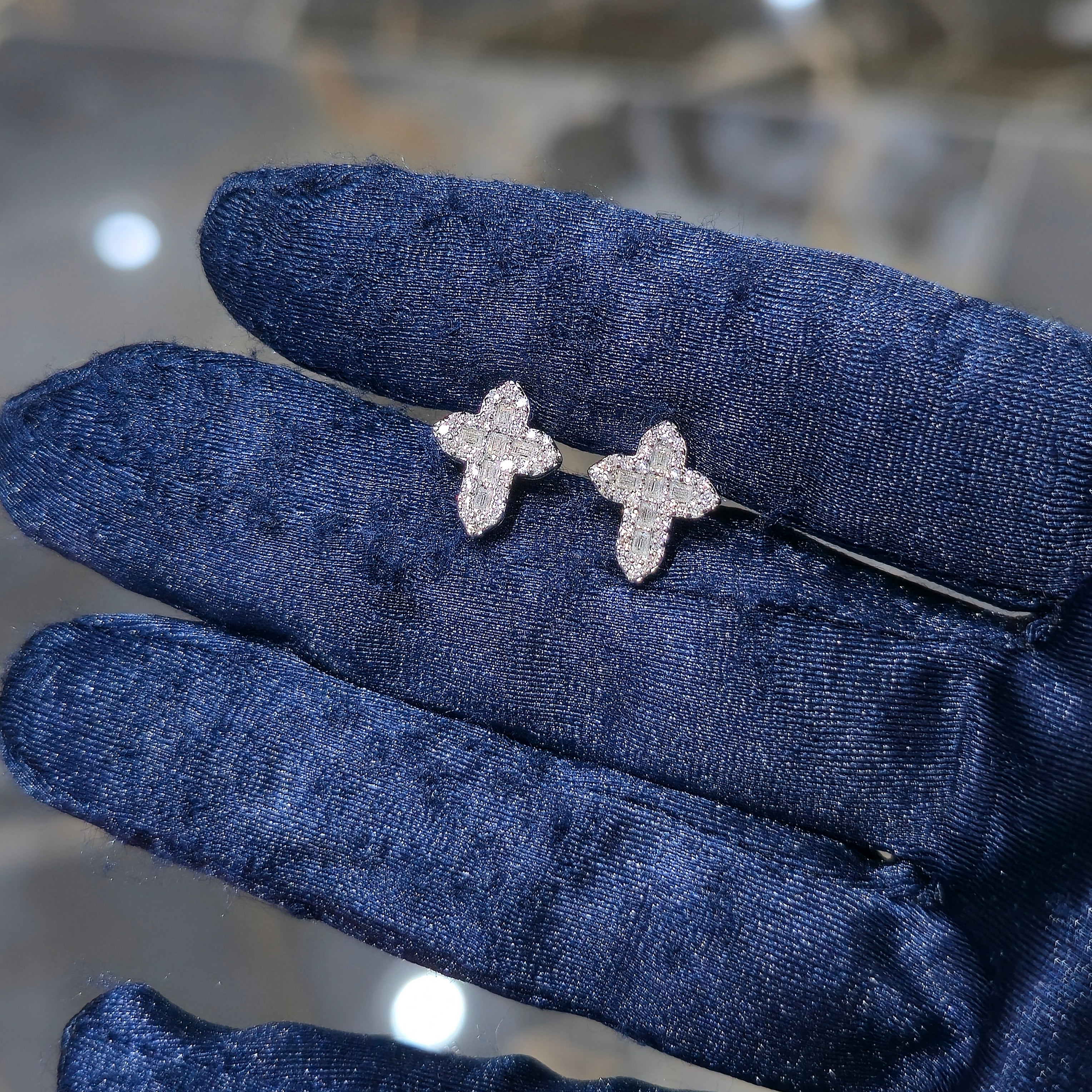 Sterling Silver Baguette & Round Cut Moissanite Cross Stud Earrings